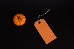 Top View Of Fresh Whole Pumpkin And Price Tag With Copy Space On Black Background. Royalty Free Stock Images Top View Of Fresh Whole Pumpkin And Price Tag With Copy Space On Black Background. Royalty Free Stock Images