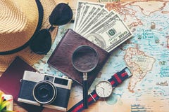 Top View Of Traveler Accessories And Items Man With Black For Planning Travel Vacations On The World, Copy Space. Stock Images