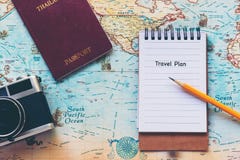 Top View Of Traveler Notepad For Planning Travel Trips Vacations On The World With Old Camera And Passport, Royalty Free Stock Images
