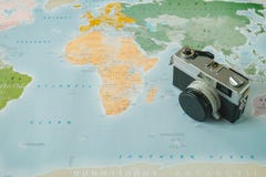 Top View. Retro Camera Placed On Top Of World Map Are Background Stock Photography Top View. Retro Camera Placed On Top Of World Map Are Background Stock Photography