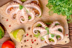 Top view of sandwiches with octopus and bread toast decorated li royalty free stock images Top view of sandwiches with octopus and bread toast decorated li royalty free stock images
