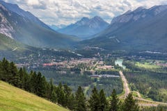 Top view of a town Banff in a Bow river valley