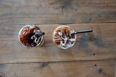 Top view two glasses of iced latte coffee royalty free stock photos Top view two glasses of iced latte coffee royalty free stock photos