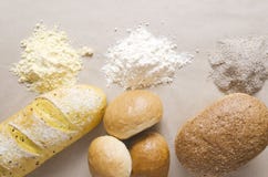 Top view of various kinds of flour and bread.Concept of different types of flour and products of it royalty free stock images Top view of various kinds of flour and bread.Concept of different types of flour and products of it royalty free stock images