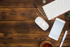 Top view wooden office desk with copy space stock photography Top view wooden office desk with copy space stock photography