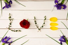top view of word love made from floral elements and beautiful iris flowers royalty free stock images top view of word love made from floral elements and beautiful iris flowers royalty free stock images