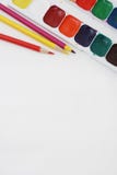 Top view of Work Process Blank Watercolor Paper pad, Watercolor Painting Supplies, Brushes and Colorful Pencil. Creation process o Stock Image Top view of Work Process Blank Watercolor Paper pad, Watercolor Painting Supplies, Brushes and Colorful Pencil. Creation process o Stock Image