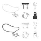 Torii, carp koi, woman in hijab, star and crescent. Religion set collection icons in outline,monochrome style vector stock illustration Torii, carp koi, woman in hijab, star and crescent. Religion set collection icons in outline,monochrome style vector stock illustration