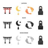Torii, karperkoi, vrouw in hijab, ster en halve maan Pictogrammen van de godsdienst de vastgestelde inzameling in beeldverhaal, z vector illustratie Torii, karperkoi, vrouw in hijab, ster en halve maan Pictogrammen van de godsdienst de vastgestelde inzameling in beeldverhaal, z vector illustratie