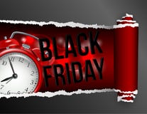 Torn Paper With Opening Showing Black Friday Inscription And Realistic Red Alarm Clock. Stock Photography