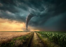 Tornado op landbouwgebieden bij zonsondergang wordt geslagen die stock fotografie Tornado op landbouwgebieden bij zonsondergang wordt geslagen die stock fotografie