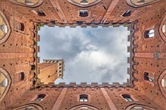Torre del Mangia in Siena, Italy, seen from the inside of Palazzo Pubblico