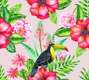 Toucan et cammelias, patern sans couture tropical Image libre de droits Toucan et cammelias, patern sans couture tropical Image libre de droits