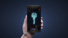 Touching mobile security application on smart phone screen, shape of key, circuit board light line, security, Find solution