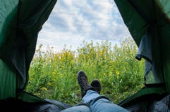 A tourist living in a tent with a view of canola field and a cloudy sky, stock image A tourist living in a tent with a view of canola field and a cloudy sky, stock image