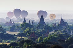 Tourist Sightseeing Balloons over Pagoda , Bagan, Myanmar