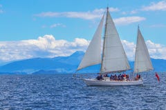 Tourist yaсht sailing, lake Taupo, New Zealand