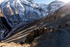 Tourists going up on the way of Tilicho lake. Annapurna Trek, Himalayas, Nepal royalty free stock photo Tourists going up on the way of Tilicho lake. Annapurna Trek, Himalayas, Nepal royalty free stock photo