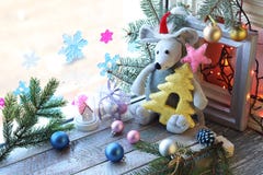 Toy House With Illuminations On The Background Of Christmas Decor Royalty Free Stock Photography