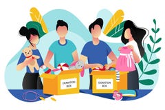 Toys and kids clothes donation. Vector trendy flat cartoon illustration. Social care, volunteering and charity concept royalty free illustration Toys and kids clothes donation. Vector trendy flat cartoon illustration. Social care, volunteering and charity concept royalty free illustration