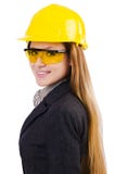 Trabajador de construcción de la mujer aislado Foto de archivo Trabajador de construcción de la mujer aislado Foto de archivo