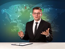 Trade market analyst is studio reporting world trading news with stock photography Trade market analyst is studio reporting world trading news with stock photography