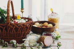 Traditional Easter Food, Homemade Easter Bread, Easter Eggs And Spring Flowers On Rustic Table Royalty Free Stock Photos Traditional Easter Food, Homemade Easter Bread, Easter Eggs And Spring Flowers On Rustic Table Royalty Free Stock Photos