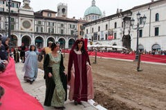 Traditional parade at festivities of Caterina Cornaro is coming to the city, medieval festival in Brescia, Lombardy, Italy