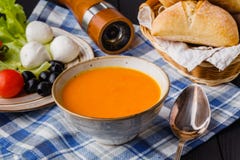 Traditional pumpkin soup, homemade with bread royalty free stock photos Traditional pumpkin soup, homemade with bread royalty free stock photos