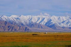 A traditional yurt with snow peak range behide. stock images A traditional yurt with snow peak range behide. stock images