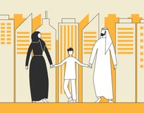Traditionell arabisk familj, muslimsk man, kvinna och barn som går på bakgrunden av stadsskyskrapor Plan vektorillustration royaltyfri illustrationer Traditionell arabisk familj, muslimsk man, kvinna och barn som går på bakgrunden av stadsskyskrapor Plan vektorillustration royaltyfri illustrationer