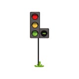 Traffic lights with additional section right turn . Road semaphore with colorful lamps red, yellow and green. Flat vector illustration Traffic lights with additional section right turn . Road semaphore with colorful lamps red, yellow and green. Flat vector illustration