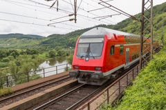Train Driving Along German River Moselle Royalty Free Stock Image Train Driving Along German River Moselle Royalty Free Stock Image