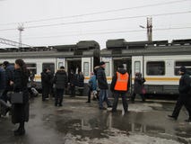 The train stopped at the station Ryazan disembarkation of passengers meeting people on duty royalty free stock photos The train stopped at the station Ryazan disembarkation of passengers meeting people on duty royalty free stock photos