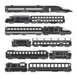 Trains and wagons black vector railway cargo and passenger transportation silhouettes royalty free illustration Trains and wagons black vector railway cargo and passenger transportation silhouettes royalty free illustration