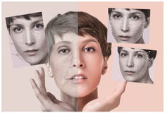 Traitement anti-vieillissement, de beauté, vieillissement et jeunesse, se soulevant, soins de la peau, concept de chirurgie plast image stock Traitement anti-vieillissement, de beauté, vieillissement et jeunesse, se soulevant, soins de la peau, concept de chirurgie plast image stock