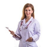 Traje blanco del desgaste caucásico hermoso del doctor y llevar a cabo el cli blanco imagenes de archivo Traje blanco del desgaste caucásico hermoso del doctor y llevar a cabo el cli blanco imagenes de archivo