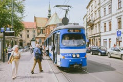 Tram in old part of Krakow Royalty Free Stock Photography Tram in old part of Krakow Royalty Free Stock Photography
