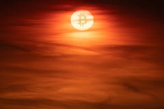 Tramonto con il simbolo cripto di Bitcoin di valuta sul Sun C di caduta illustrazione vettoriale Tramonto con il simbolo cripto di Bitcoin di valuta sul Sun C di caduta illustrazione vettoriale