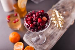 Tranbär i den glass bunken på ett trämagasin, tangerin, ett exponeringsglas med äppeljuice, selektiv fokus arkivfoto Tranbär i den glass bunken på ett trämagasin, tangerin, ett exponeringsglas med äppeljuice, selektiv fokus arkivfoto