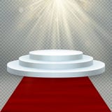 Transparant realistisch effect Rood tapijt en rond podium met lichten voor gebeurtenis of toekenningsceremonie Eps 10 vector illustratie Transparant realistisch effect Rood tapijt en rond podium met lichten voor gebeurtenis of toekenningsceremonie Eps 10 vector illustratie