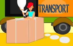 Transport of heavy goods by road. Worker loading block with crane hook on a truck with text vector illustration Transport of heavy goods by road. Worker loading block with crane hook on a truck with text vector illustration