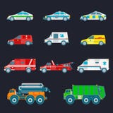 Transporte de la ciudad del vector fijado en estilo plano Diverso municipal, special y colección de los iconos de los camiones de ilustración del vector Transporte de la ciudad del vector fijado en estilo plano Diverso municipal, special y colección de los iconos de los camiones de ilustración del vector