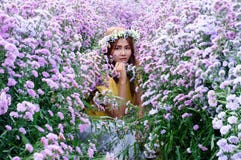 Travel Asian Adult Woman Relax In Nature Sitting In Margaret Flower Field. In Yellow Shirt Style. Trendy Famous Destination On Stock Photography