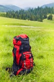 Travel backpack on the mountain landscape view background. royalty free stock photography Travel backpack on the mountain landscape view background. royalty free stock photography