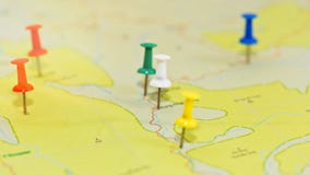 Travel planning concept - map with pushpins stock image Travel planning concept - map with pushpins stock image
