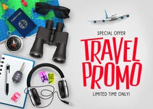 Travel Promo Text Gradient Mesh Background Special Offer Top View with Realistic 3D Traveling Item stock illustration Travel Promo Text Gradient Mesh Background Special Offer Top View with Realistic 3D Traveling Item stock illustration