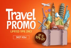 Travel promo vector banner template with world`s famous tourist landmarks vector illustration Travel promo vector banner template with world`s famous tourist landmarks vector illustration