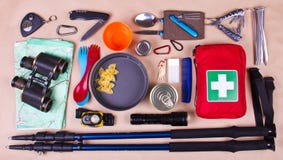 Travel Set. Tourist Outfit For Camping Or Hiking. Royalty Free Stock Photo Travel Set. Tourist Outfit For Camping Or Hiking. Royalty Free Stock Photo