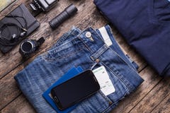 Travel stuff with smartphone and smartwatch royalty free stock photography Travel stuff with smartphone and smartwatch royalty free stock photography